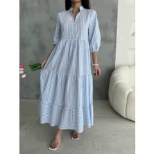 Drgy Çizgili Keten Hakim Yaka Düğmeli Salaş Elbise - Mavi