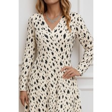 Drgy Kadın Uzun Kollu V Yakalı Desenli Kısa Keten Elbise