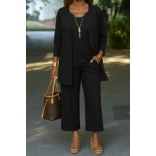 Drgy Kadın Uzun Kollu Önü Açık Modal Ceket Kolsuz Viskon Iki Iplik Bluz ve Pantolon Üçlü Takım