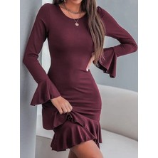 Drgy Kadın Uzun Kollu Yuvarlak Yaka Fırfırlı Kol Ucu Volanlı Janjan Krep Mini Elbise