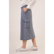 Drgy Ön Yırtmaçlı Cep Detaylı Indigo Etek