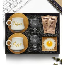 As Gift Bambu Tabaklı Beyaz Fincan Takımı & Cam Su Bardağı & Mehmet Efendi Türk Kahvesi Hediye Seti