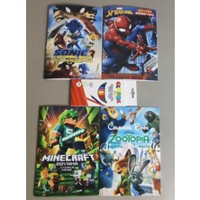 Ada Çanta Kırtasiye 4 Adet Stickerli Boyama Kitabı ve 12'li Kuru Boya Kalemi (Sonic3/örümcek AD./MINECRAFT/ZOOTOPI)AR013
