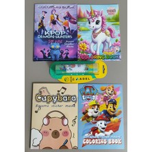 Ada Çanta Kırtasiye 4 Adet Stickerli Boyama Kitabı ve 12 Li Adel Tüp Kuruboya KALEMI(KPOP/UNICORN/PAWPATROL/CAPYBAR)AB10