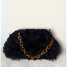 Handmade Akrilik Zincir Saplı Burslu Siyah Kürk Çanta, Burslu Çanta, Kadın Çanta