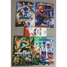 Ada Çanta Kırtasiye 4 Adet Stickerli Boyama Kitabı ve 12'li Kuru Boya Kalemi (Sonic3/örümcek AD./MINECRAFT/PIJAMAS)AP007