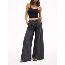 Madame Melek Baggy Geniş Bacak Kot Kadınlar Için Vintage Düşük Bel Çan Alt Cepli Pantolon