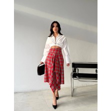 Cemo Kadın Ekose Desenli Asimetrik Kesim Midi Boy Etek – Yüksek Bel