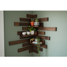 Dekoratif Ahşap Köşe Raf Ünitesi | 3 Adet Raf + 20 Parça Duvar Çıtası | Doğal Çam - Ceviz Renk