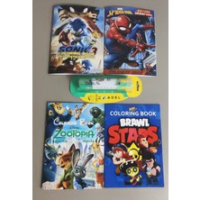 Ada Çanta Kırtasiye 4 Adet Stickerli Boyama Kitabı ve 12 Li Adel Tüp Kuruboya Kalemi(Sonic3/örümcek Ad./zootopia/brawls)