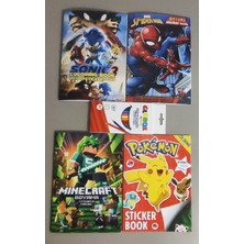 Ada Çanta Kırtasiye 4 Adet Stickerli Boyama Kitabı ve 12'li Kuru Boya Kalemi (Sonic3/örümcek AD./MINECRAFT/POCEMON)AP001