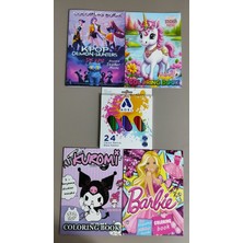Ada Çanta Kırtasiye 4 Adet Stickerli Boyama Kitabı ve 24'lü Adel Kuru Boya Kalemi (Kpop/unicorn/barbi/kuromi)