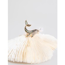 Jimmy Key Yeşil Yunus Figürlü Incili Broş