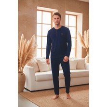 Kompedan Erkek Uzun Kollu 4 Mevsim Penye Süprem Önü Patlı Pijama Takımı | Lacivert 802