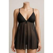 Mavi Qumsal Önü Dantel Detaylı Siyah Gecelik