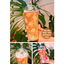 Marsilyan Beach Temalı Suluk Pipetli Buzlu Cam Görünümlü Led Işıklı 450 ML Çift Katman Mika 2768