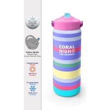 Coral High Milka Gri Sarı Çizgi Desenli Katlanır Ağızlıklı Çelik Termos 650 ml 38302
