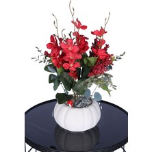 Yapay Çiçek Sitesi Küçük Kabak Beton Saksıda Yapay Yasemin Çiçeği Kırmızı