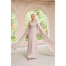 Olcay Yakası Taşlı Pelerin Detaylı Yoryo Ipek Tesettür Abiye Elbise Taş 1247