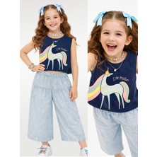 Denokids Kız Çocuk Takım Ikili Unicorn Penye T-Shirt Dokuma Geniş Paça Pantolon Yazlık 4-10 Yaş