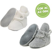 Ella Bonna Kaydırmaz Taban, Organik %100 Pamuk Astarlı , Bebek Panduf , 2'li Ekonomik Paket (Beyaz- Gri)