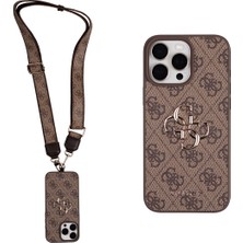 iPhone 16 Pro Max Uyumlu Kılıf Guess Lisanslı 4g Büyük Metal Logolu Kalın Askılı Kapak Kahverengi