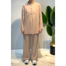 Lale Butik Pamuklu Zımba Detay Tunik Pantolon Takım 4437 Bej