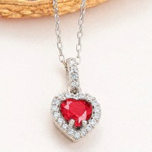 Şems Kamer Gümüş Kırmızı Taşlı Kalp Kolye