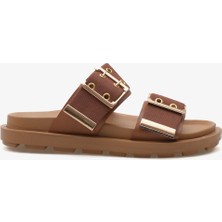 LOJO Kadın Çift Bantlı Altın Tokalı Kalın Taban Günlük Terlik Kea Kahve