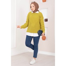 RAF Saç Örgü Desenli Triko Kazak Yağ Yeşil