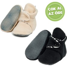 Ella Bonna Kaydırmaz Taban, Organik %100 Pamuk Astarlı , Bebek Panduf , 2'li Ekonomik Paket (Bej-Siyah)