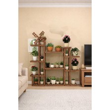 Alan Dekor Çok Raflı Ahşap Eskitme Ceviz Ahşap Dekoratif Çiçeklik Saksılık Balkon Bahçe Standı Mobilyası