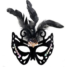 Azrlya Siyah Renk Siyah Süet Kaplama Tüylü Kelebek Figür Parti Maskesi 24X18 cm - Lisinya