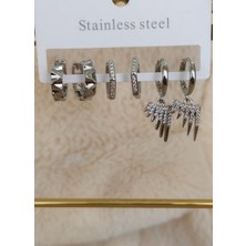 Tuel Paslanmaz Çelik Silver Detaylı Çoklu Kadın Küpe