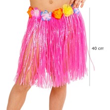 Azrlya Yetişkin ve Çocuk Uyumlu Pembe Renk Püsküllü Hawaii Luau Hula Etek 40 cm - Lisinya