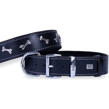 Indispensablely Doggie Deri Kemik Süslü Köpek Boyun Tasması Medium Siyah 4X52-60 cm