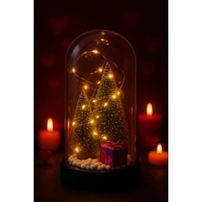 Marsilyan Yeni Yıl Hediye Led Işıklı Fanus İçinde 2 Çam Ağacı ve Hediye Temalı Noel Yılbaşı Gece Lambası