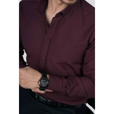 Etikmen Koyu Bordo Yaka Düğmeli Premium Şamre Slimfit Erkek Gömlek