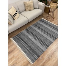 Kilim Home Cotton Kilim 3044 Siyah Gri Tonlarında Örgü Eskitme Desenli Dekoratif Dokuma Taban Kilim