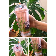 Marsilyan Sevimli Panda Temalı Çift Katman 450 ml Suluk Pipetli Mika Matara Pembe 2770