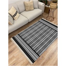 Kilim Home Cotton Serisi Siyah Beyaz Geometrik Etnik Eskitme Desenli Dekoratif Dokuma Taban Kilim