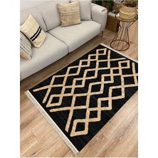 Kilim Home Cotton Serisi Siyah ve Hasır Görünümlü Otantik Etnik Desenli Dekoratif Dokuma Taban Kilim