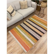 Kilim Home Cotton Serisi Hasır Görünümlü Yeşil ve Hardal Tonlarında Etnik Desenli Dekoratif Dokuma Taban Kilim
