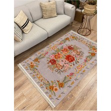 Kilim Home Cotton Serisi Kırmızı Çiçekli Bordürlü Gri Taban Otantik Dekoratif Dokuma Taban Kilim