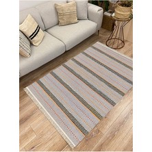 Kilim Home Cotton Serisi Gri Tonlarında Düz Çıtır Çizgili Multy Ponponlu Dekoratif Dokuma Taban Kilim