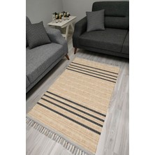 Kilim Home Cotton Serisi Süt Kahve ve Koyu Gri Tonlarında Ince Bordürlü Dekoratif Dokuma Taban Kilim