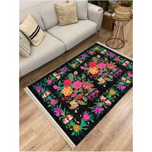 Kilim Home Cotton Serisi Siyah Taban Ütsünde Renkli Çiçek Motifli Otantik Dekoratif Dokuma Taban Kilim