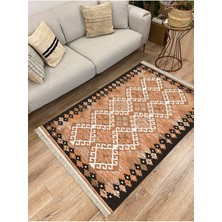 Kilim Home Cotton Serisi Kahve Tonlarında Bordürlü Baklava Eskitme Desen Dekoratif Dokuma Taban Kilim