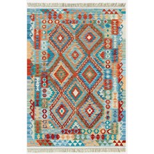 Kilim Home Cotton Serisi Açık Mavi Tonunda Baklavalı Geometrik Desen Dekoratif Dokuma Taban Kilim