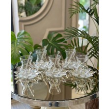 Çnr Home Collection 18 Parça Kristal Cay Seti  Kristal Tabak ve Kaşıklı Ince Belli 6 Kişilik Cay Takımı